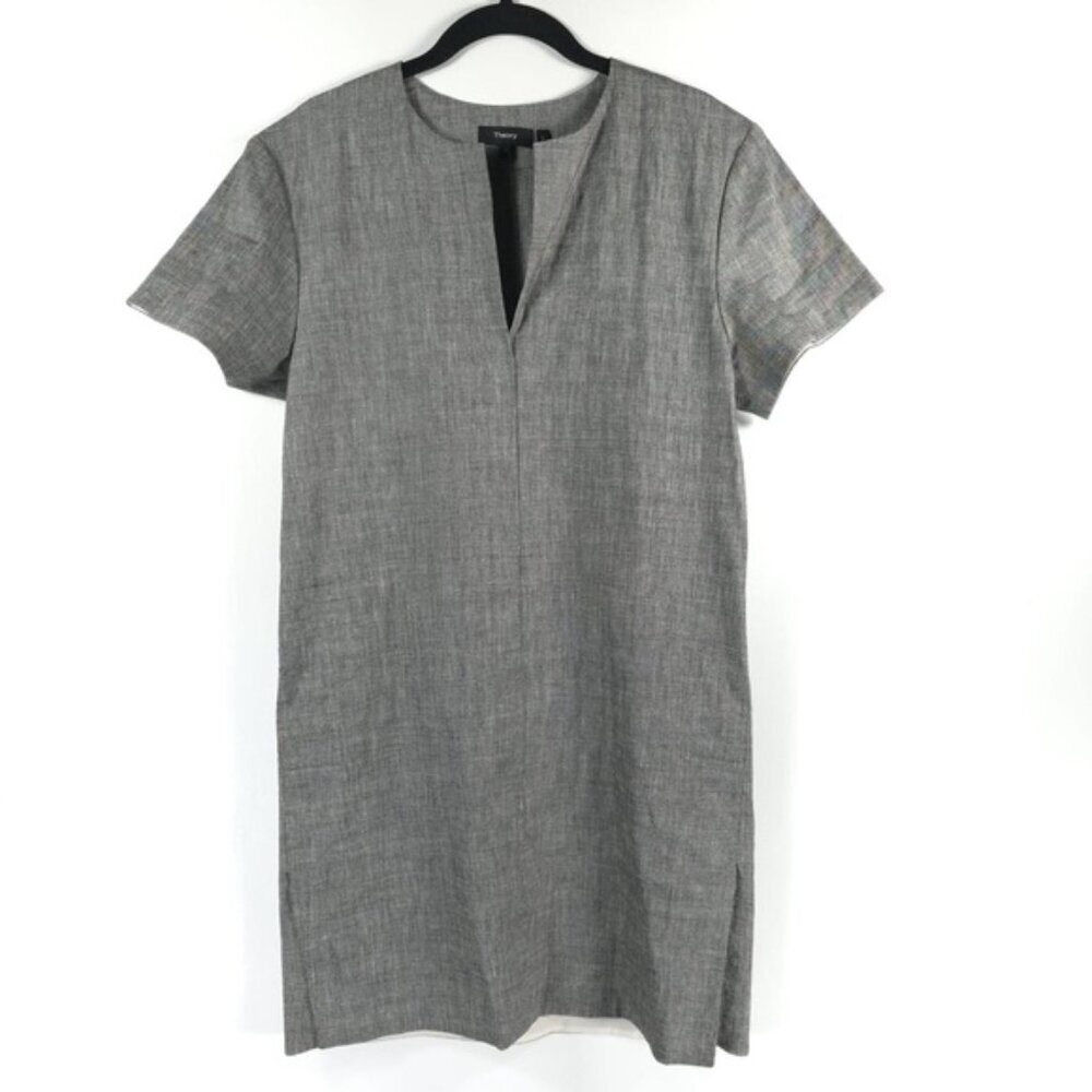 NWT Theory LINEN Blend SLIT FRONT SHIFT Sharkskin Crunch Mini Dress MEDIUM